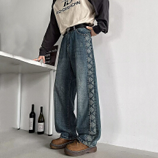 批发男生裤子印花牛仔裤男款宽松直筒时尚<b class='q'>嘻哈</b>潮高街潮流百搭牛仔裤