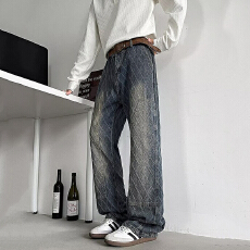 批发男生裤子提花牛仔裤男款宽松直筒时尚<b class='q'>嘻哈</b>潮高街潮流百搭牛仔裤