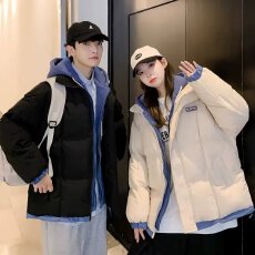 新款冬季韩版假两件加厚棉衣连帽男女港风青少年宽松保暖棉服外套