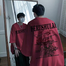 批发重磅纯棉港风后背玫瑰印花短袖T恤男夏季潮牌宽百搭高级感上衣ins