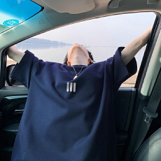 批发美式复古100%纯棉T恤男夏季小领口青少年短袖ersize宽松五分袖