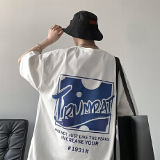 短袖t恤男潮牌夏季宽松五分袖2025年新款网红潮流ins简约印花上衣