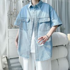 批发2026新款<b class='q'>衬衫</b>薄款天丝牛仔<b class='q'>短袖</b><b class='q'>衬衫</b><b class='q'>男士</b>时尚百搭文艺休闲宽松上衣