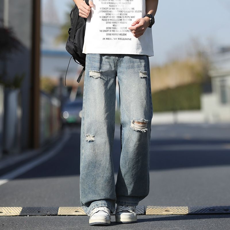 사계절 워시 물 바닥 청소 남성 청바지 레트로 항구 바람 루즈핏 스트레이트 트렌드 다용도 바지 파쇄 된 바지 긴 바지