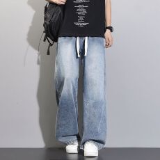 四季洗水拖地男士牛仔裤垂感复古港风宽松直筒潮流百搭裤子长裤