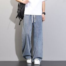 四季洗水拖地男士牛仔裤垂感复古港风宽松直筒潮流百搭裤子长裤