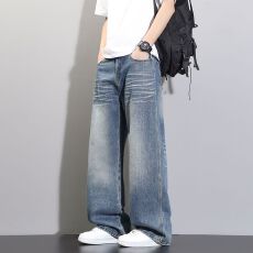 四季洗水拖地男士牛仔裤复古港风宽松直筒潮流百搭裤子阔腿裤长裤