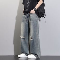四季洗水拖地男士牛仔裤复古港风宽松直筒潮流百搭裤子破洞裤长裤