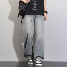 四季洗水拖地男士牛仔裤垂感复古港风宽松直筒潮流百搭裤子长裤