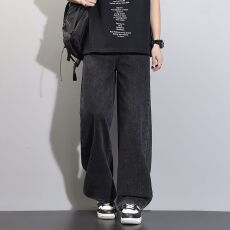 四季洗水拖地男士牛仔裤复古港风宽松直筒潮流百搭裤子阔腿裤长裤