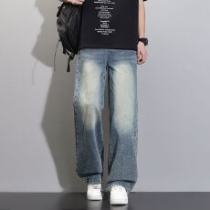 四季洗水拖地男士牛仔裤复古港风宽松直筒潮流百搭裤子阔腿裤长裤