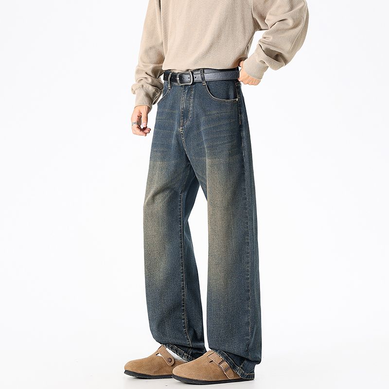 신축성 사계절 워시 물 남성 청바지 단색 레트로 항구 바람 루즈핏 스트레이트 패션 트렌드 다용도 롱 바지