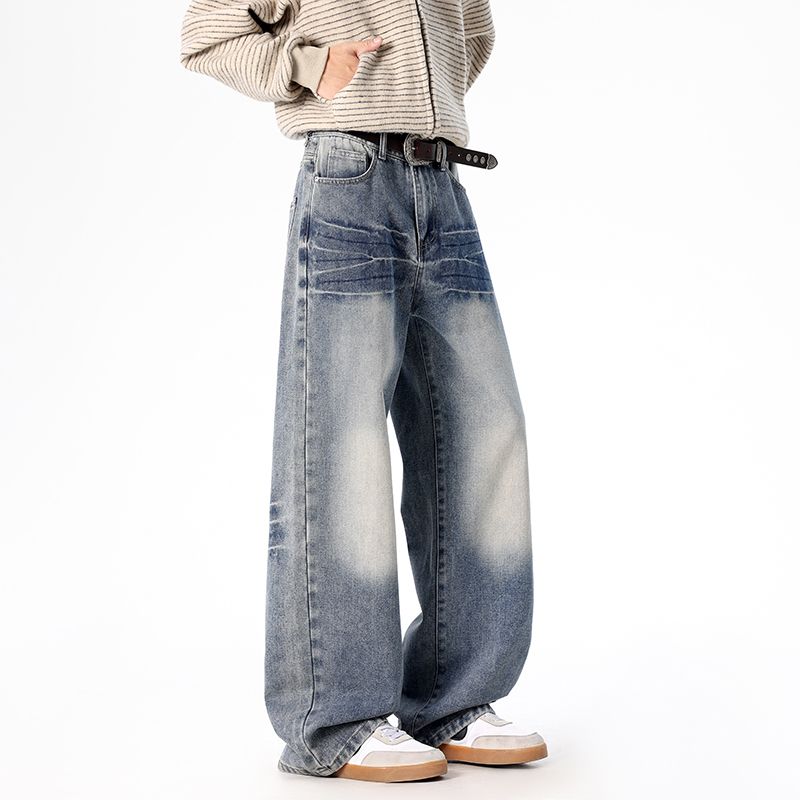 사계절 워시 물 바닥 청소 남성 청바지 레트로 항구 바람 루즈핏 스트레이트 트렌드 다용도 바지 와이드 레그 팬츠 긴 바지