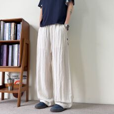 批发亚麻裤子男<b class='q'>夏</b>季薄款棉麻裤子男款冰丝宽松直筒休闲阔腿裤垂感男裤