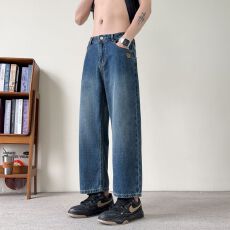 批发美式复古牛仔裤男士春季2026新款潮牌宽松直筒九分休闲阔腿长裤子