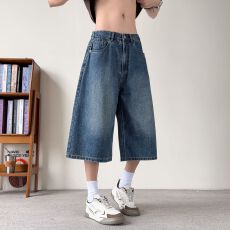 批发夏季新款牛仔七分阔腿裤透气美式复古街头潮牌百搭休闲<b class='q'>男生</b>中裤