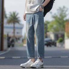 批发2026春季牛仔九分裤男士破洞潮流百搭青少年<b class='q'>哈伦</b>宽松小脚9分男生