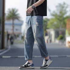 批发2026春季牛仔九分裤男士破洞潮流百搭青少年<b class='q'>哈伦</b>宽松小脚9分男生
