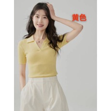 批发法式黄色polo翻领冰丝针织衫短袖正肩t恤女夏季修身v领短款上衣