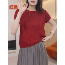 批发法式纯色圆领镂空冰丝针织蕾丝短袖T恤女2025夏新款轻薄别致上衣