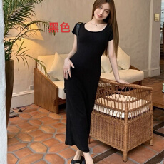 批发150小个子复古灰色方领短袖连衣裙女<b class='q'>夏</b>季气质修身显瘦包臀长裙子