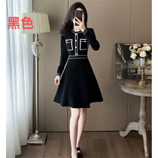 批发高级感小黑裙女秋季新款打底内搭长袖高腰A字针织连衣裙女小香风