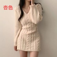 批发韩国chic冬新款<b class='q'>时尚</b>气质V领复古麻花百搭打底针织毛衣<b class='q'>连衣裙</b>