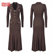 批发2025法式秋冬新款时尚长袖长裙女小香风优雅翻领<b class='q'>欧美</b>针织连衣裙