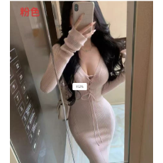 批发JAYKY YANG闲时柔光深V绑带包臀长裙收腰修身休闲百搭连衣裙