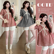 批发实拍新款2025夏季孕妈减龄蕾丝花边拼接法式复古格子上衣小衫