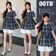 批发实拍2025新款孕妇装蓝色格子短袖圆领衫时尚显瘦宽松版遮肚子