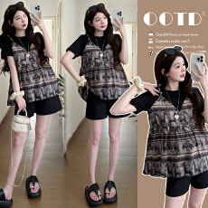 批发新款实拍2025法式复古设计感印花拼接假两件孕妇衫大码女装