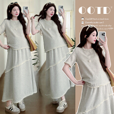 批发实拍夏季新品法式复古小香风流苏花边拼接孕妇装套装大码女装