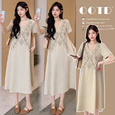 批发实拍 新款2025法式洋气时尚重工刺绣夏季孕妇装连衣裙