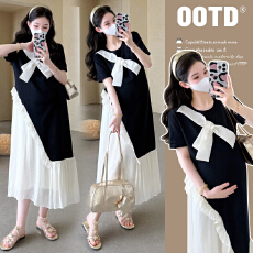 批发实拍 夏季新款2025法式高级感撞色拼接蝴蝶结莎莎裙<b class='q'>孕妇装</b>