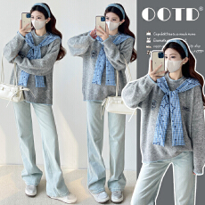 批发实拍2025新款孕妇装披肩刺绣圆领毛衣慵懒<b class='q'>百搭</b>针织衫连帽披肩可拆