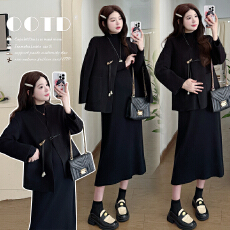 批发新款实拍 秋冬保暖新中式国风复古牛角扣外套+舒适保暖连衣裙套装