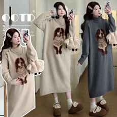 实拍新款 秋冬设计感提花小狗套头加厚保暖针织毛衣 孕妇连衣裙