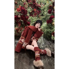 现 颖子定制初雪岛屿慵懒风费尔岛圣诞红毛衣套装女秋冬三件套裙