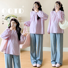 批发实拍新款 春季小众气质设计感刺绣圆领套头宽松舒适孕妇衫