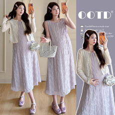 新款实拍 2026春季法式温柔正反两穿连衣裙镂空开衫两件套孕妇裙