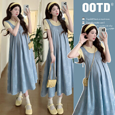 批发实拍新款 韩系穿搭乖乖女春夏U领减龄背心孕妇裙叠穿套装