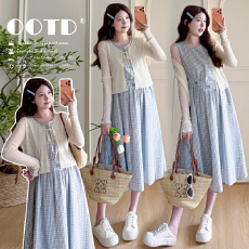 批发实拍新款 <b class='q'>春</b>夏季韩系穿搭法式轻奢复古气质格子孕妇装两件套