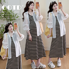 批发新款实拍 氧气条纹裙！韩系撞色条纹高弹无袖背心裙孕妇装两件套