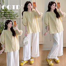 实拍新款 夏季时髦洋气宽松不显怀轻薄孕妇衫+纹理花边裤