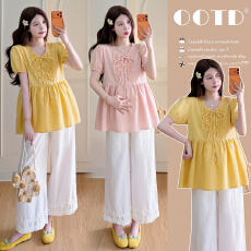 实拍新款 夏季韩系蝴蝶结木耳边小众温柔百搭系带孕妇小衫套装