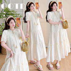 新款实拍 夏季法式提花刺绣时尚气质系带孕妇装连衣裙