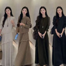 批发设计感斜边流苏圆领长袖遮胯显瘦长款半身裙简约孕妇装两件套