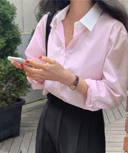 한국 chic 봄 작은 대중 품격 배색 폴로 칼라 루즈핏 캐주얼 다용도 긴팔 스트라이프 셔츠 맨위 여성