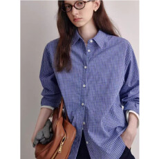 批发范洛复古学院风蓝色格子衬衫2026春季<b class='q'>新款</b>高级感休闲宽松上衣<b class='q'>女</b>